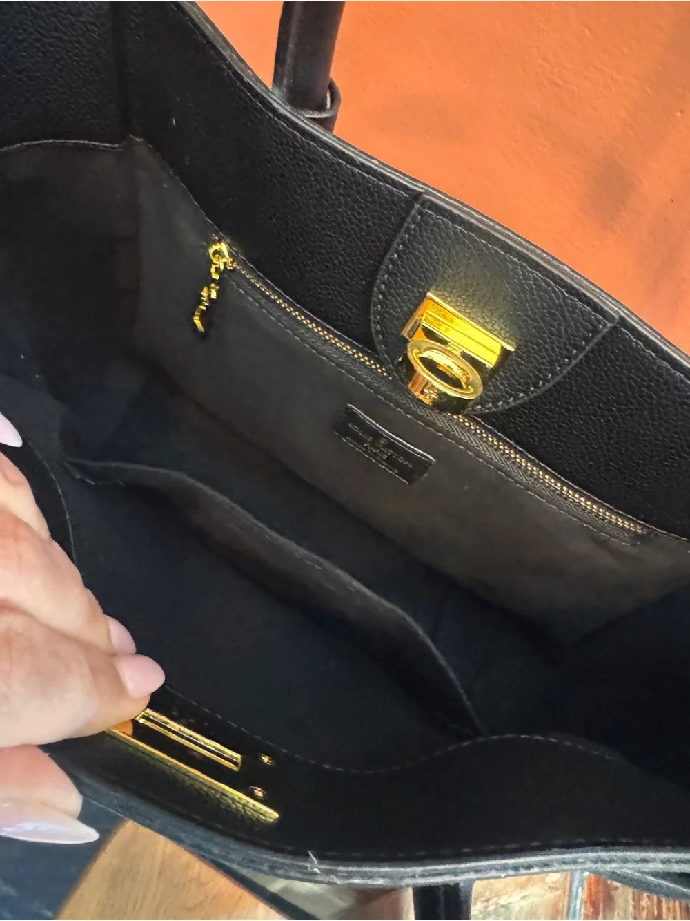 Louis Vuitton Black Leather Satchel with Monogram Side Panels and Gold Hardware